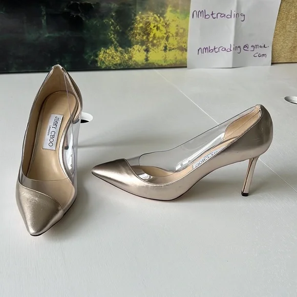Jimmy Choo champagne color & plastic trim 8.5M(38.5) pointed toe classic pumps